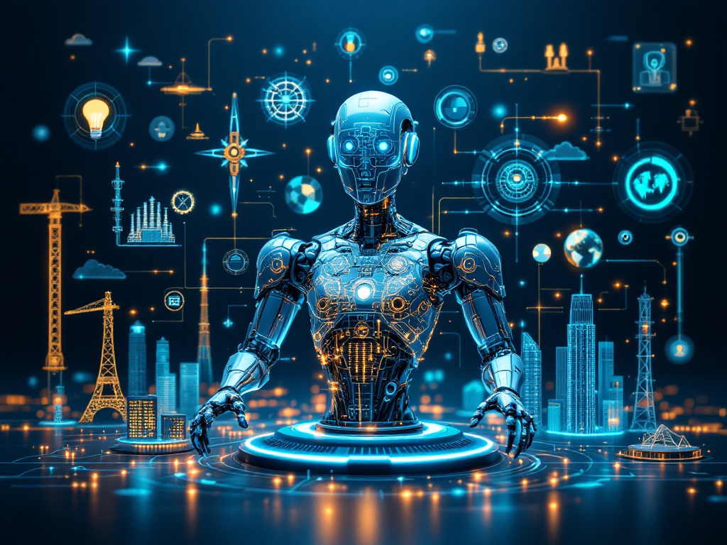 Futuristic representation of AI automation tools and their applications in various industries